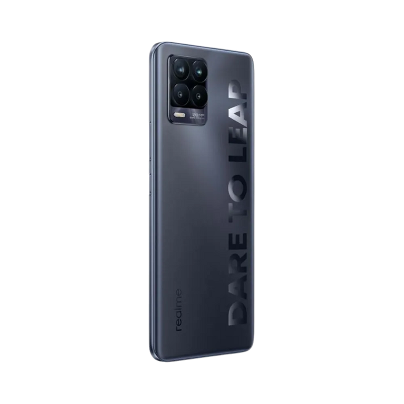 Réparation Realme 8 Pro iTelier Lyon – smartphone montré de dos en position verticale, coloris noir mat avec module photo carré à quatre capteurs, optimisé pour réparation vitre arrière, caméra et batterie.