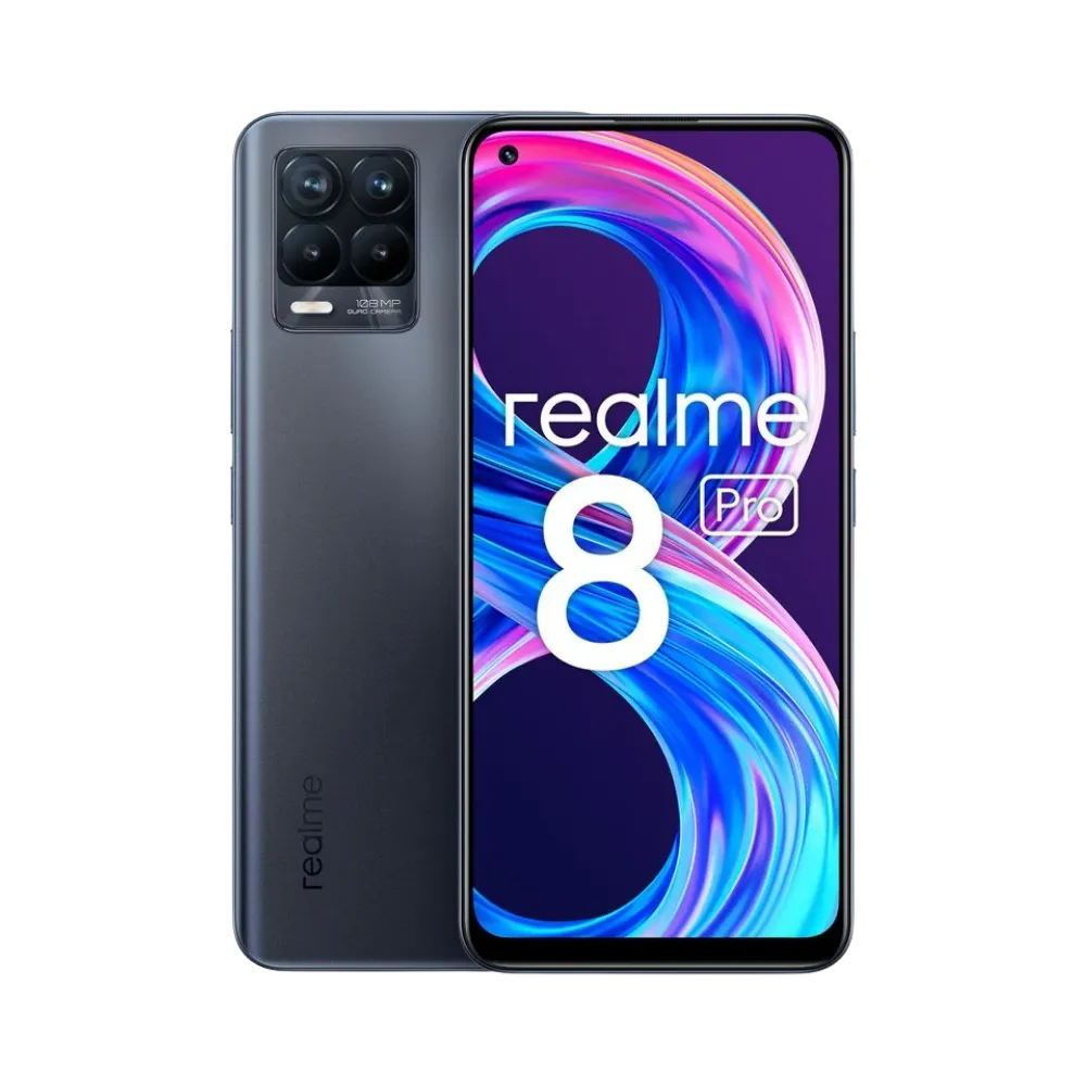 Réparation Realme 8 Pro iTelier Lyon – smartphone affiché avec écran avant allumé en position verticale et dos noir mat visible à gauche, optimisé pour remplacement écran, batterie et diagnostic gratuit en boutique.