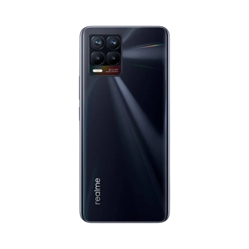 Réparation Realme 8 iTelier Lyon – smartphone montré de dos en position verticale, coloris noir brillant avec module photo carré à quatre capteurs, optimisé pour réparation vitre arrière, caméra et batterie.
