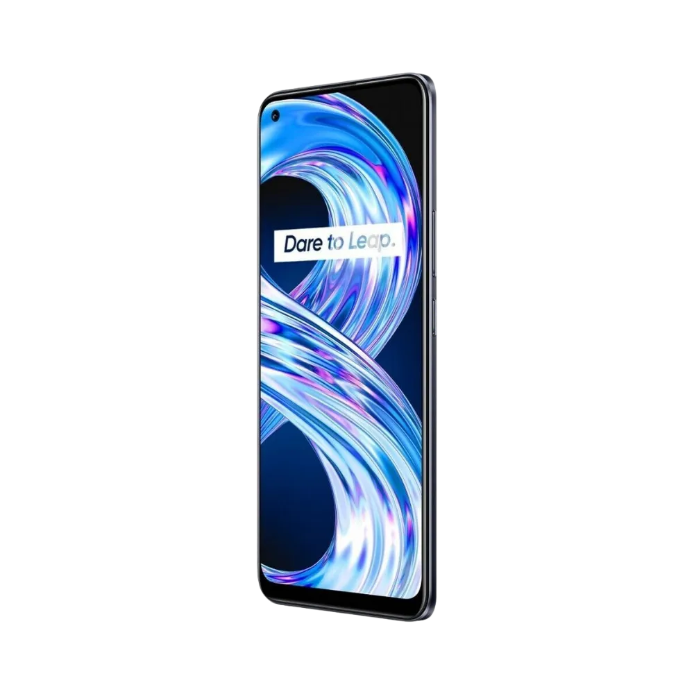 Réparation Realme 8 iTelier Lyon – téléphone présenté de face en position verticale, écran allumé avec fond sombre et logo Realme 8, idéal pour réparation écran, diagnostic offert et changement batterie rapide.