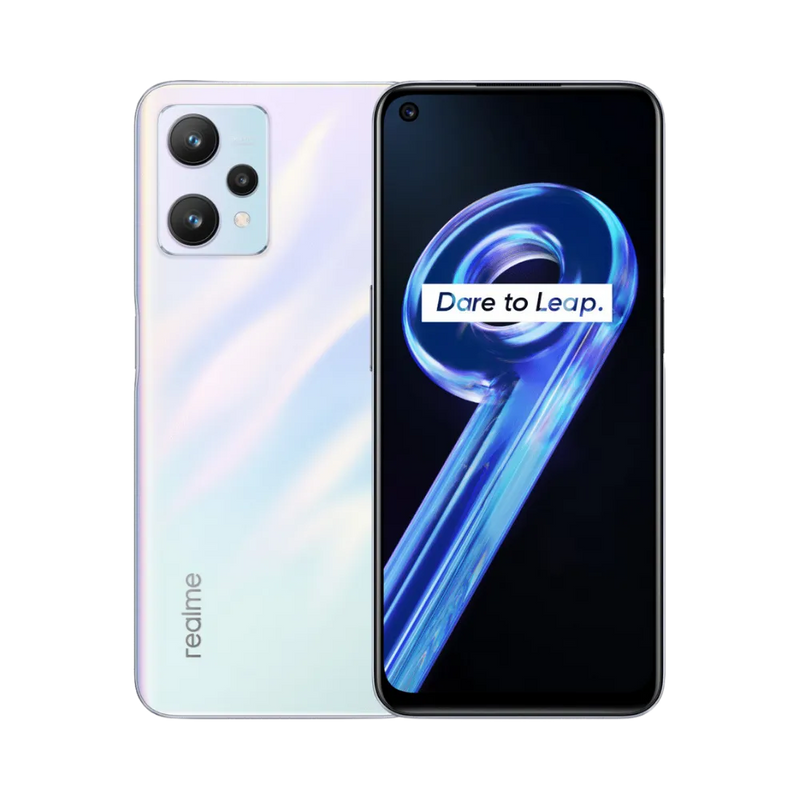 Réparation Realme 9 5G iTelier Lyon – smartphone affiché avec écran avant allumé en position verticale et dos nacré brillant visible à gauche, optimisé pour remplacement écran, batterie et diagnostic gratuit en boutique.