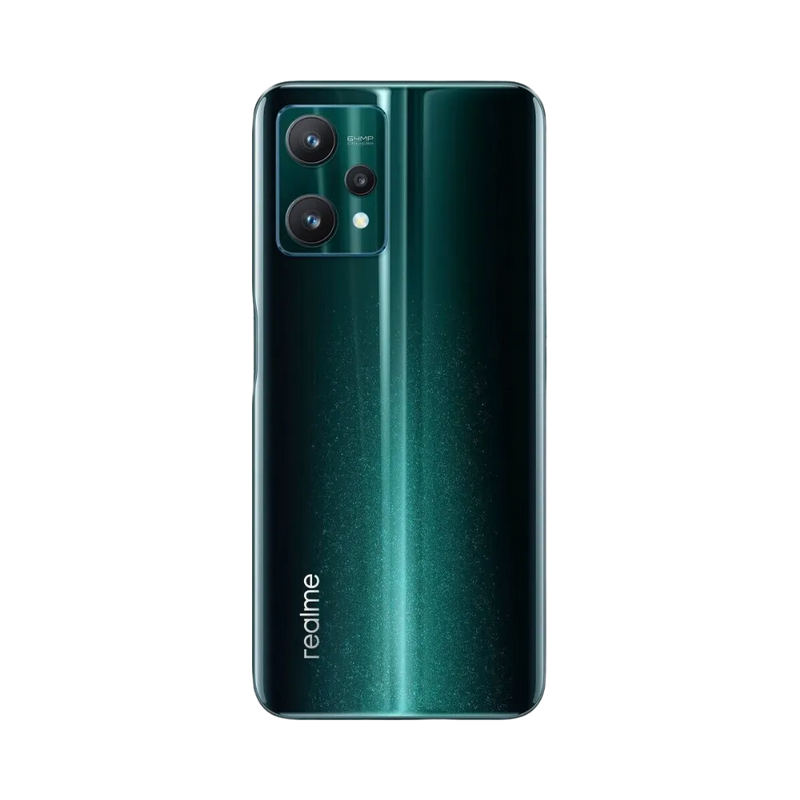 Réparation Realme 9 Pro+ iTelier Lyon – smartphone montré de dos en position verticale, coloris vert dégradé avec triple capteur photo rectangulaire, optimisé pour réparation vitre arrière, caméra et batterie.