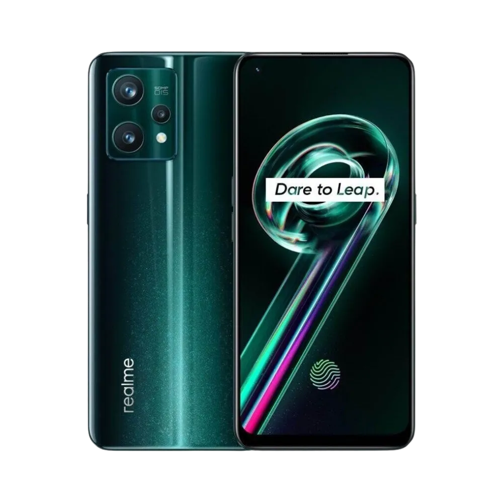 Réparation Realme 9 Pro+ iTelier Lyon – smartphone affiché avec écran avant allumé en position verticale et dos vert foncé dégradé visible à gauche, optimisé pour remplacement écran, batterie et diagnostic gratuit en boutique.