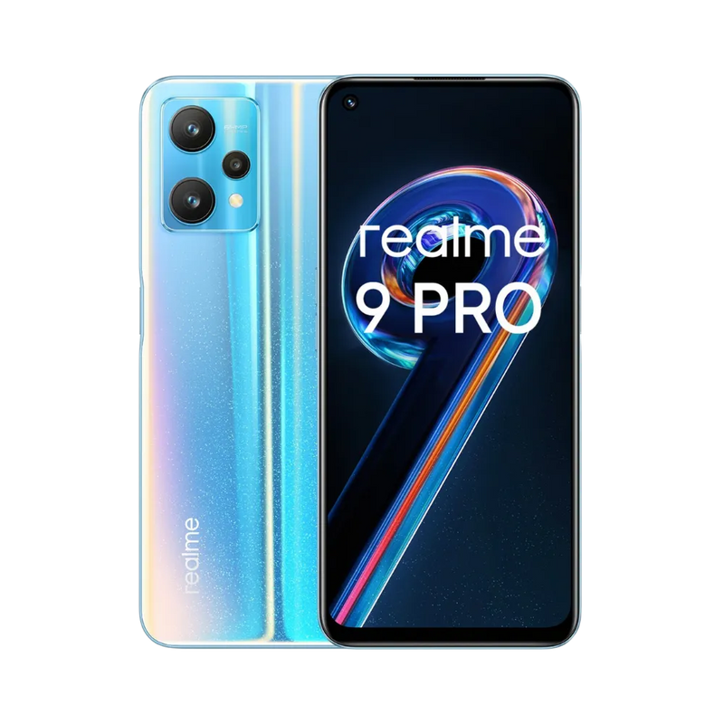 Réparation Realme 9 Pro iTelier Lyon – smartphone affiché avec écran avant allumé en position verticale et dos bleu dégradé visible à gauche, optimisé pour remplacement écran, batterie et diagnostic gratuit en boutique.