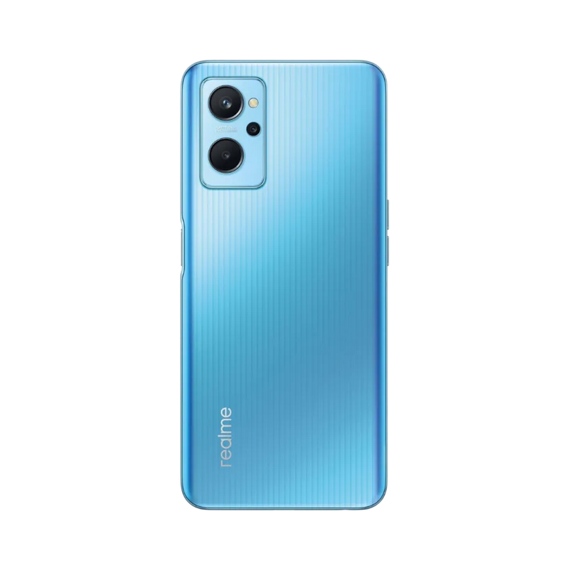 Réparation Realme 9i iTelier Lyon – smartphone montré de dos en position verticale, coloris bleu clair dégradé avec double capteur photo rectangulaire, optimisé pour réparation vitre arrière, caméra et batterie.