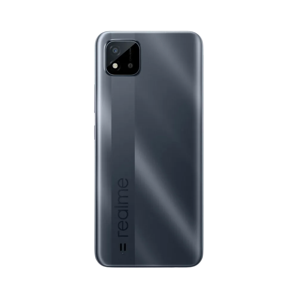 Réparation Realme C11 2021 iTelier Lyon – smartphone montré de dos en position verticale, coloris gris foncé avec module photo carré à deux capteurs, optimisé pour réparation vitre arrière, caméra et batterie.