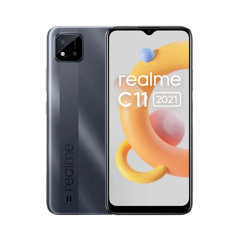 Réparation Realme C11 2021 iTelier Lyon – smartphone affiché avec écran avant allumé en position verticale et dos gris foncé visible à gauche, optimisé pour remplacement écran, batterie et diagnostic gratuit en boutique.