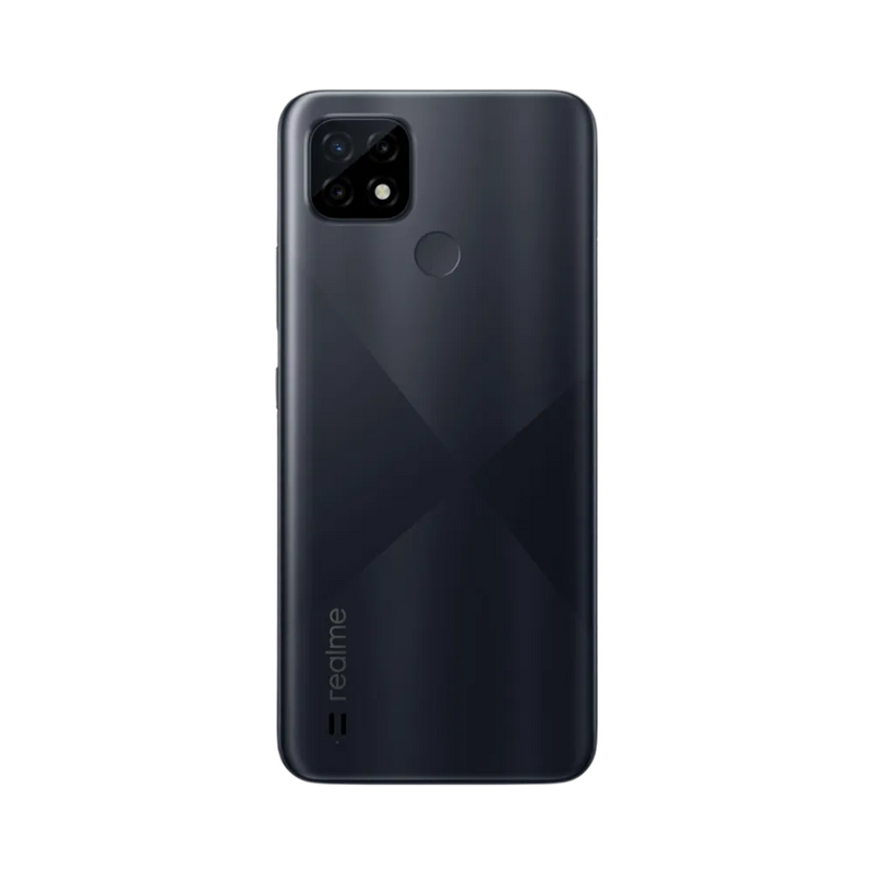 Réparation Realme C21 iTelier Lyon – smartphone montré de dos en position verticale, coloris noir mat avec module photo carré à trois capteurs, optimisé pour réparation vitre arrière, caméra et batterie.
