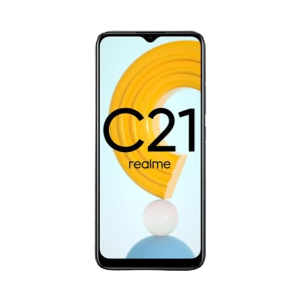 Réparation Realme C21 iTelier Lyon – téléphone présenté de face en position verticale, écran allumé avec fond blanc et jaune marqué Realme C21, idéal pour réparation écran, diagnostic offert et changement batterie rapide.