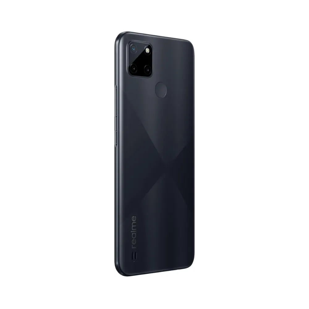 Réparation Realme C21Y iTelier Lyon – smartphone montré de dos en position verticale, coloris noir mat avec module photo carré à trois capteurs, optimisé pour réparation vitre arrière, caméra et batterie.