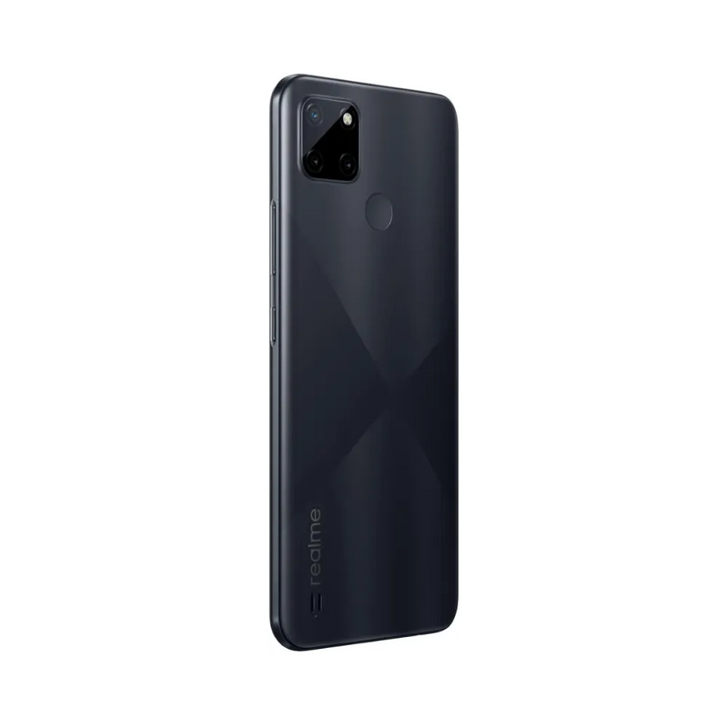 Réparation Realme C21Y iTelier Lyon – smartphone montré de dos en position verticale, coloris noir mat avec module photo carré à trois capteurs, optimisé pour réparation vitre arrière, caméra et batterie.