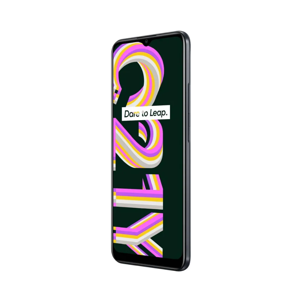 Réparation Realme C21Y iTelier Lyon – téléphone présenté de face en position verticale, écran allumé avec fond noir et motif coloré marqué Realme C21Y, idéal pour réparation écran, diagnostic offert et changement batterie rapide.