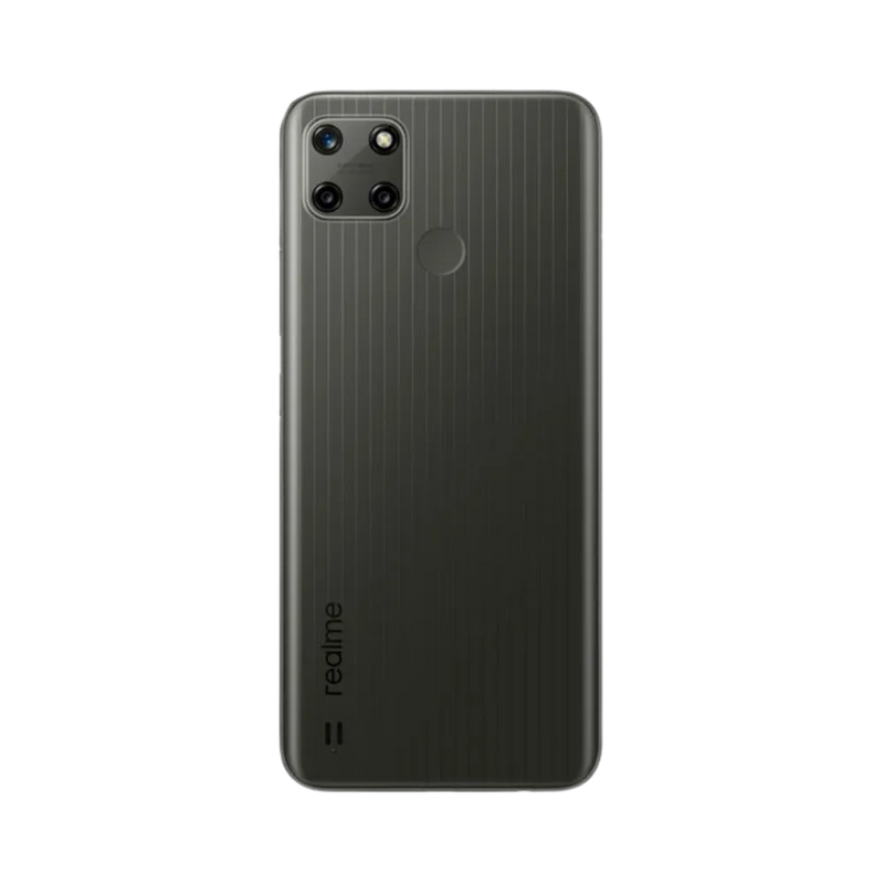 Réparation Realme C25Y iTelier Lyon – smartphone montré de dos en position verticale, coloris noir texturé avec triple capteur photo rectangulaire, optimisé pour réparation vitre arrière, caméra et batterie.