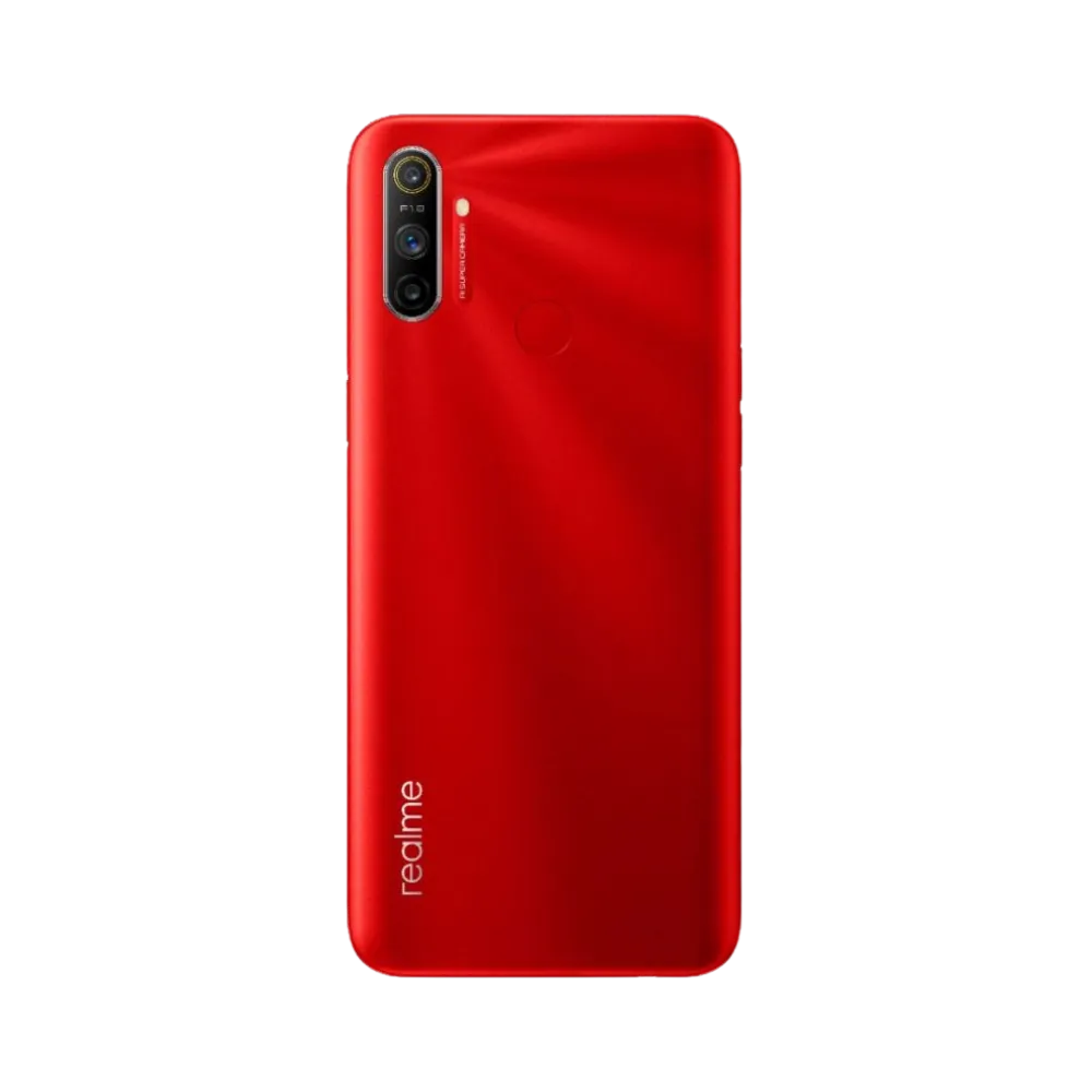Réparation Realme C3 iTelier Lyon – smartphone montré de dos en position verticale, coloris rouge brillant avec module photo vertical à deux capteurs, optimisé pour réparation vitre arrière, caméra et batterie.