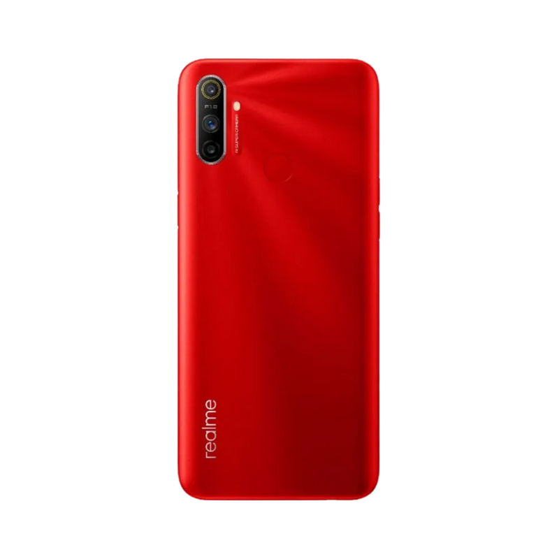 Réparation Realme C3 iTelier Lyon – smartphone montré de dos en position verticale, coloris rouge brillant avec module photo vertical à deux capteurs, optimisé pour réparation vitre arrière, caméra et batterie.
