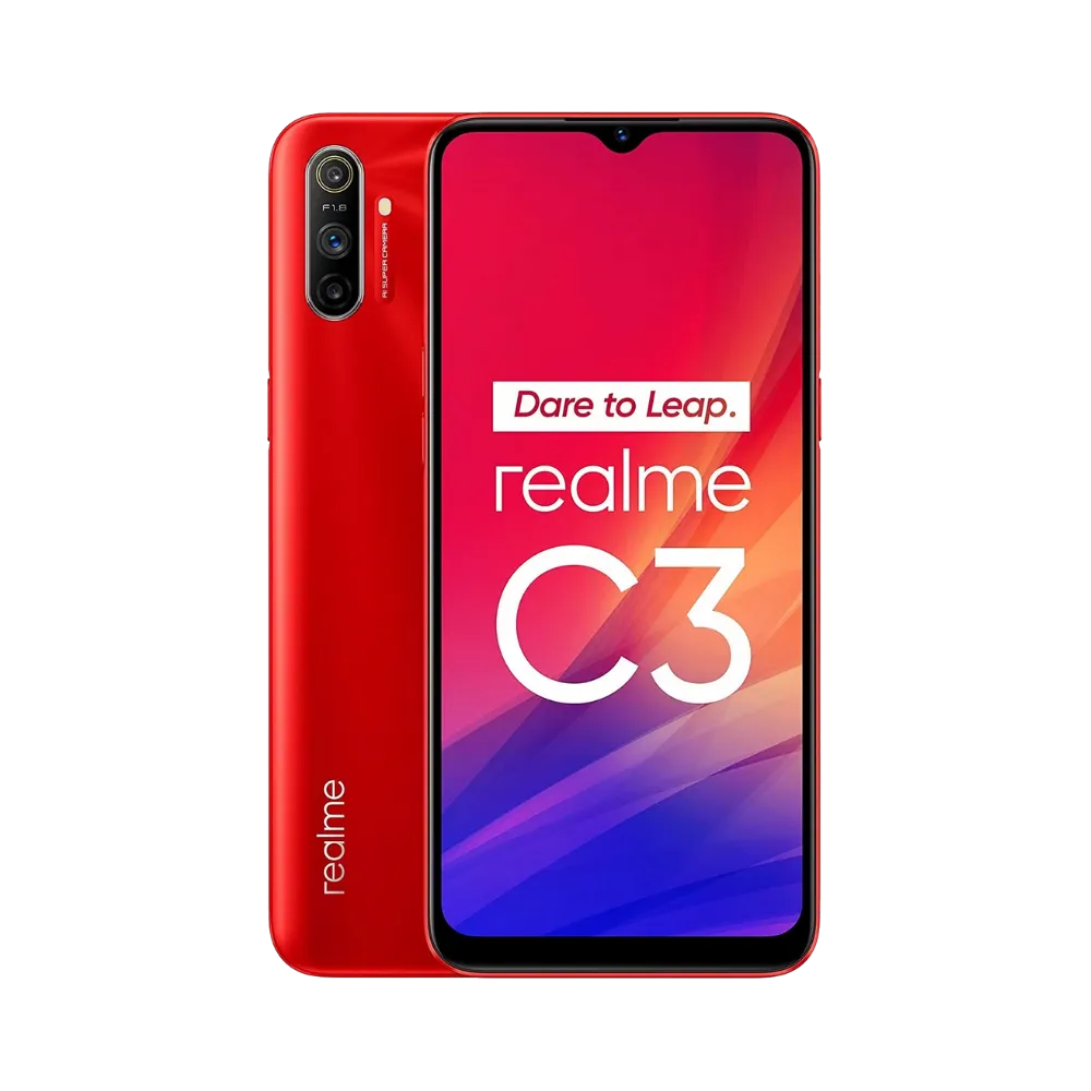 Réparation Realme C3 iTelier Lyon – smartphone affiché avec écran avant allumé en position verticale et dos rouge brillant visible à gauche, optimisé pour remplacement écran, batterie et diagnostic gratuit en boutique.