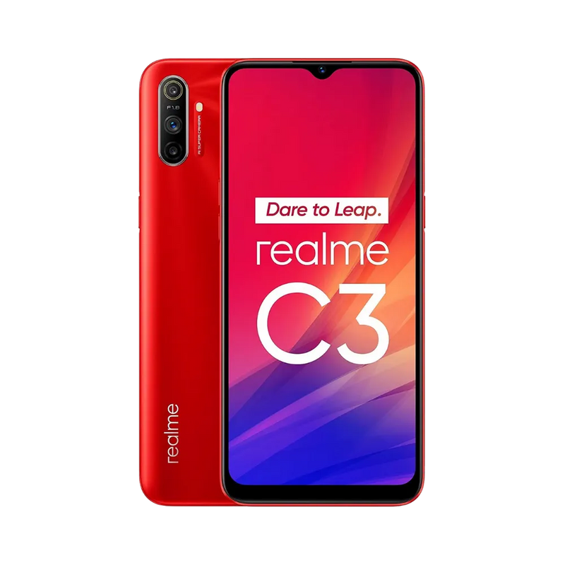 Réparation Realme C3 iTelier Lyon – smartphone affiché avec écran avant allumé en position verticale et dos rouge brillant visible à gauche, optimisé pour remplacement écran, batterie et diagnostic gratuit en boutique.