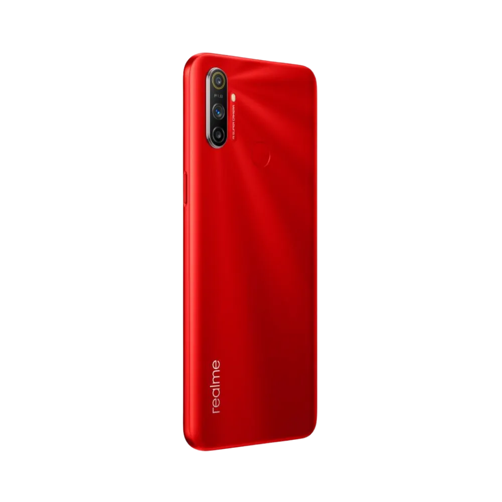 Réparation Realme C3 iTelier Lyon – smartphone affiché de profil gauche et droit en position verticale, finesse et boutons latéraux visibles, adapté aux réparations bouton power, volume et remplacement connecteur de charge.