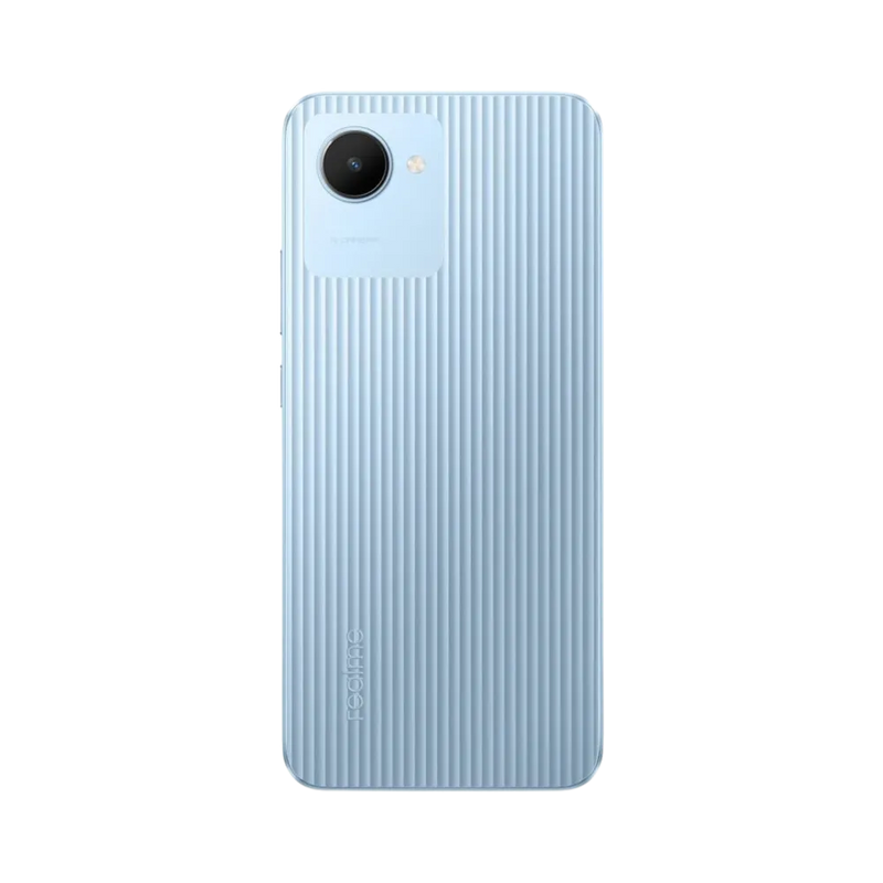 Réparation Realme C30 iTelier Lyon – smartphone montré de dos en position verticale, coloris bleu clair texturé avec simple capteur photo rond, optimisé pour réparation vitre arrière, caméra et batterie.