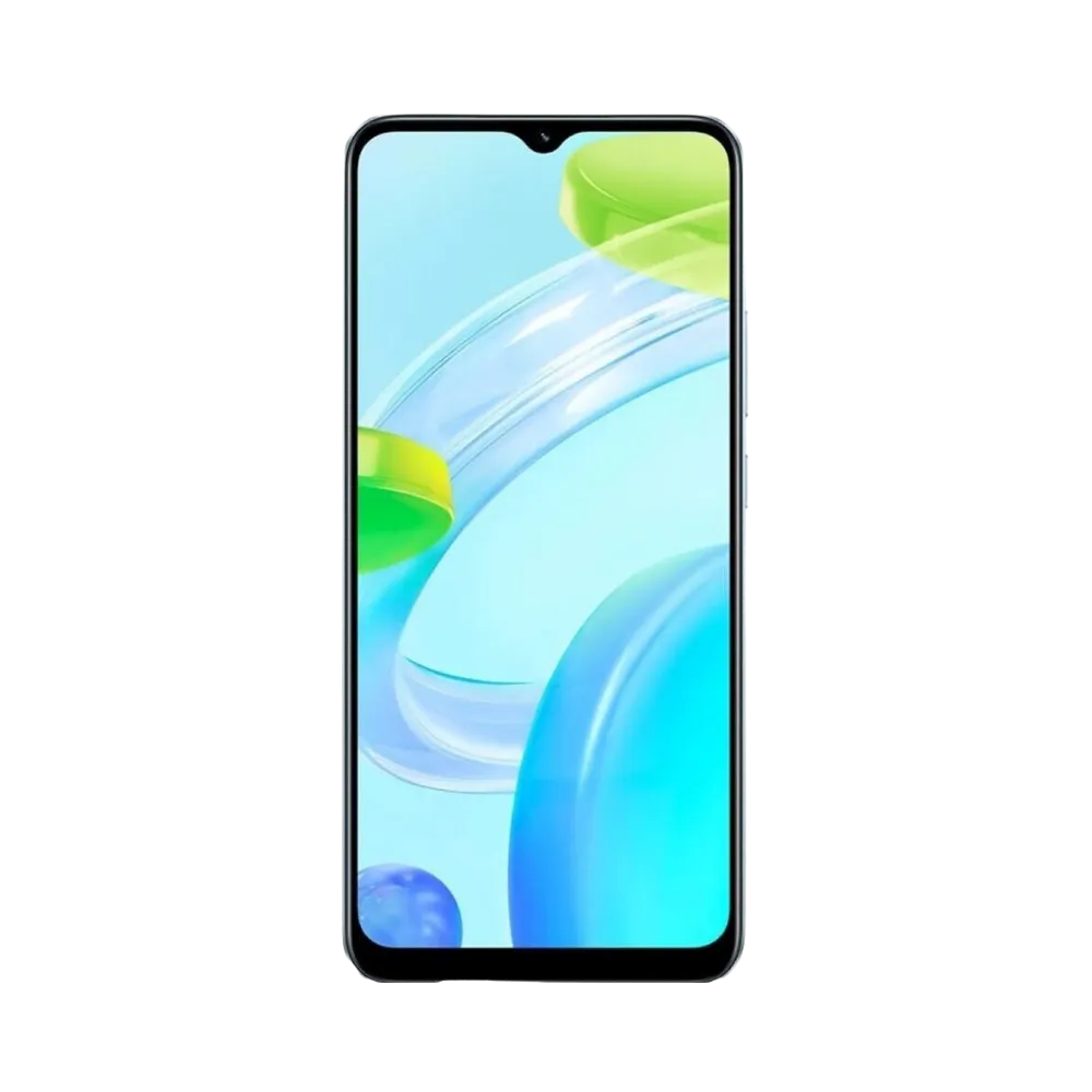 Réparation Realme C30 iTelier Lyon – téléphone présenté de face en position verticale, écran allumé avec fond vert et bleu marqué Realme C30, idéal pour réparation écran, diagnostic offert et changement batterie rapide.