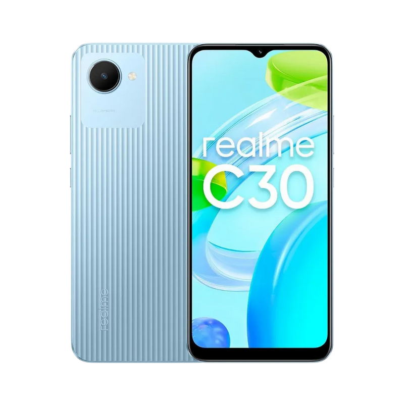 Réparation Realme C30 iTelier Lyon – smartphone affiché avec écran avant allumé en position verticale et dos bleu clair texturé visible à gauche, optimisé pour remplacement écran, batterie et diagnostic gratuit en boutique.