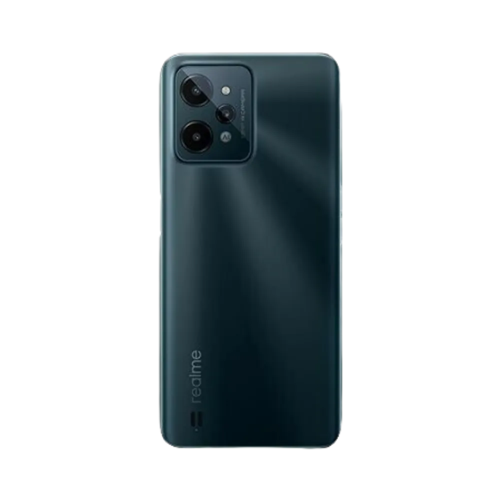 Réparation Realme C31 iTelier Lyon – smartphone montré de dos en position verticale, coloris noir mat avec triple capteur photo rectangulaire, optimisé pour réparation vitre arrière, caméra et batterie.