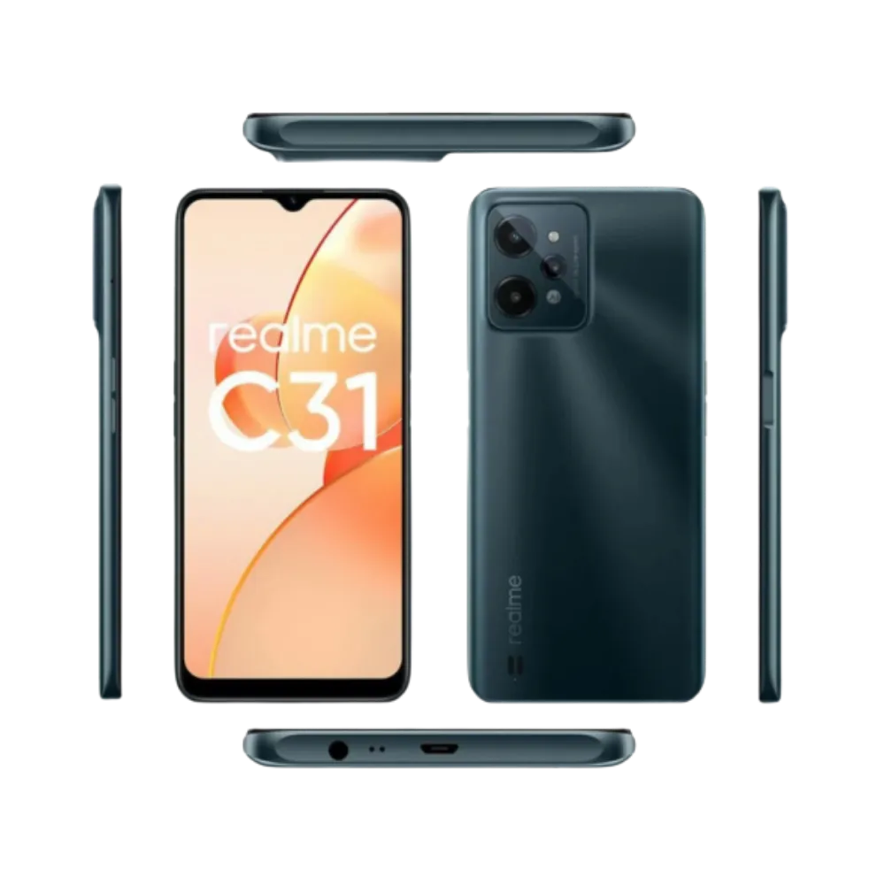 Réparation Realme C31 iTelier Lyon – smartphone présenté en vue du dessus et du dessous, connecteur micro-USB, haut-parleur et micro visibles, optimisé pour réparation connecteur de charge, haut-parleur et diagnostic complet.