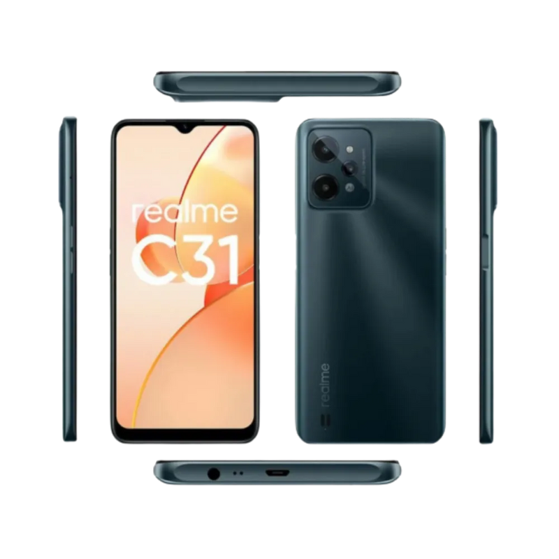 Réparation Realme C31 iTelier Lyon – smartphone présenté en vue du dessus et du dessous, connecteur micro-USB, haut-parleur et micro visibles, optimisé pour réparation connecteur de charge, haut-parleur et diagnostic complet.
