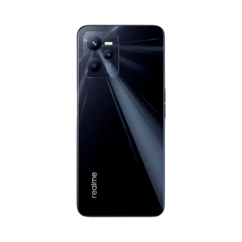 Réparation Realme C35 iTelier Lyon – smartphone montré de dos en position verticale, coloris noir brillant avec triple capteur photo circulaire, optimisé pour réparation vitre arrière, caméra et batterie.