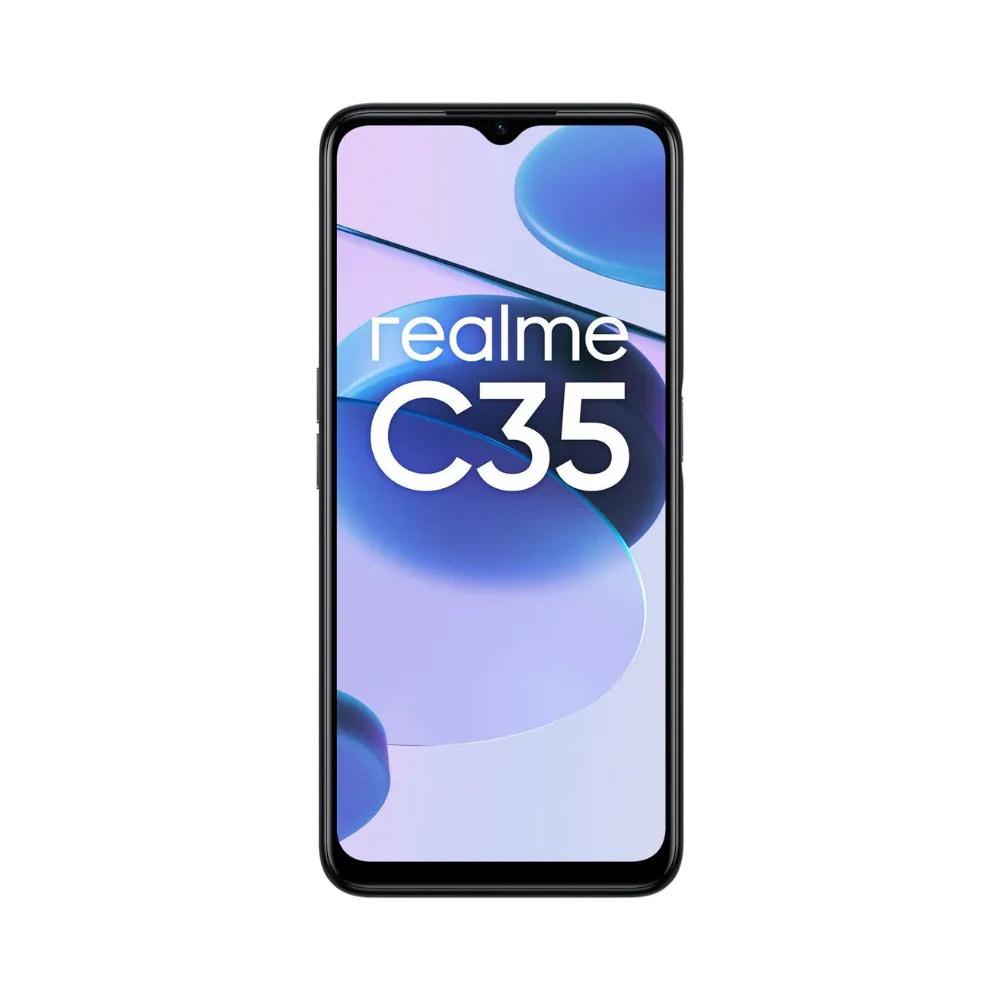 Réparation Realme C35 iTelier Lyon – téléphone présenté de face en position verticale, écran allumé avec fond violet et bleu marqué Realme C35, idéal pour réparation écran, diagnostic offert et changement batterie rapide.