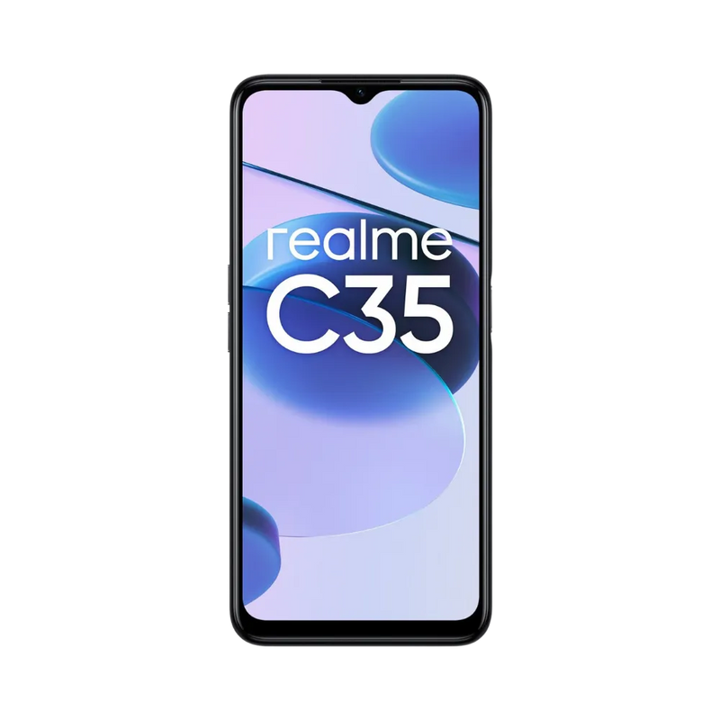 Réparation Realme C35 iTelier Lyon – téléphone présenté de face en position verticale, écran allumé avec fond violet et bleu marqué Realme C35, idéal pour réparation écran, diagnostic offert et changement batterie rapide.
