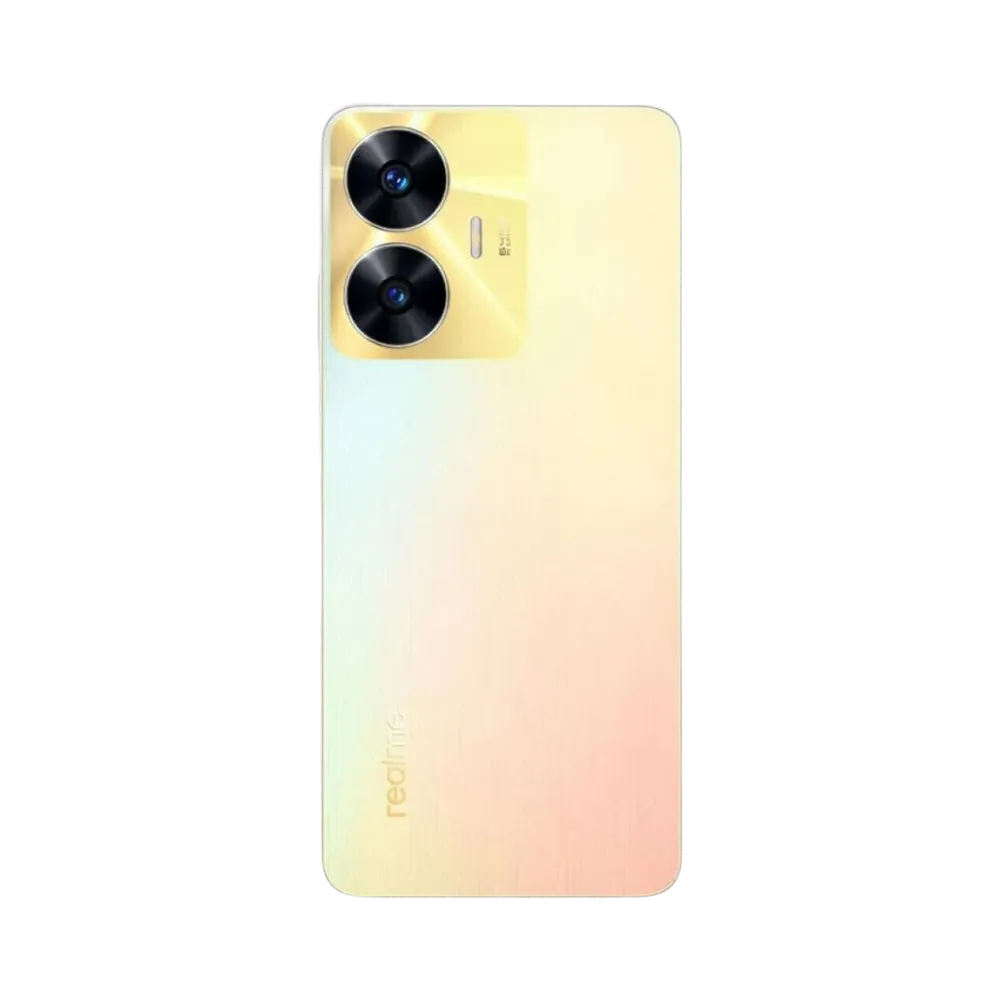 Réparation Realme C55 iTelier Lyon – smartphone montré de dos en position verticale, coloris jaune dégradé avec double capteur photo circulaire noir, optimisé pour réparation vitre arrière, caméra et batterie.