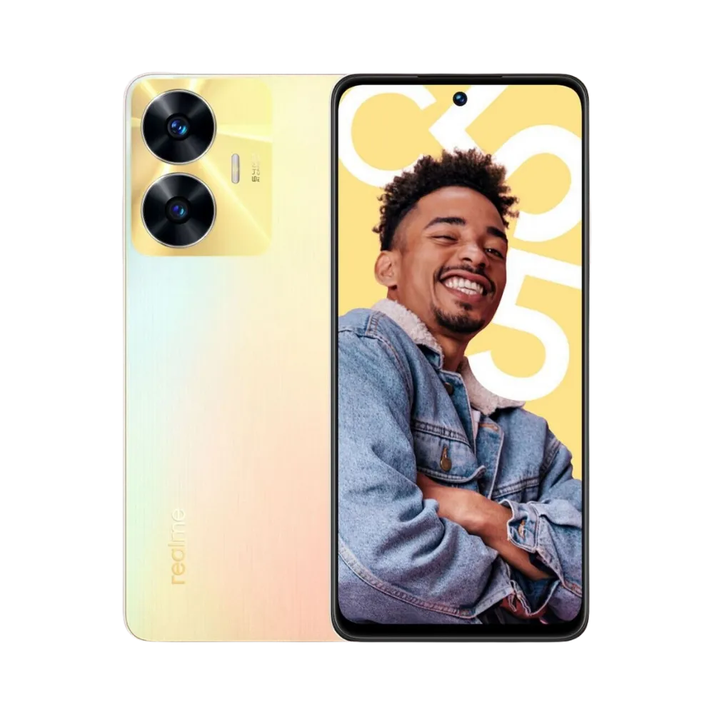 Réparation Realme C55 iTelier Lyon – smartphone affiché avec écran avant allumé en position verticale et dos jaune dégradé visible à gauche avec double capteur photo circulaire, optimisé pour remplacement écran, batterie et diagnostic gratuit.