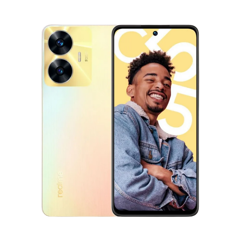 Réparation Realme C55 iTelier Lyon – smartphone affiché avec écran avant allumé en position verticale et dos jaune dégradé visible à gauche avec double capteur photo circulaire, optimisé pour remplacement écran, batterie et diagnostic gratuit.