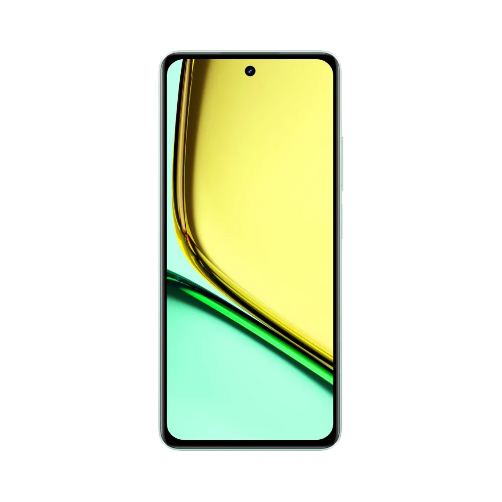 Réparation Realme C67 iTelier Lyon – téléphone présenté de face en position verticale, écran allumé avec fond jaune et vert marqué Realme C67, idéal pour réparation écran, diagnostic offert et changement batterie rapide.