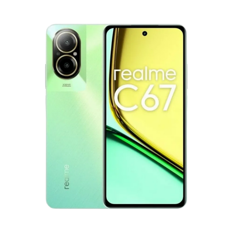 Réparation Realme C67 iTelier Lyon – smartphone affiché avec écran avant allumé en position verticale et dos vert dégradé clair visible à gauche, optimisé pour remplacement écran, batterie et diagnostic gratuit en boutique.