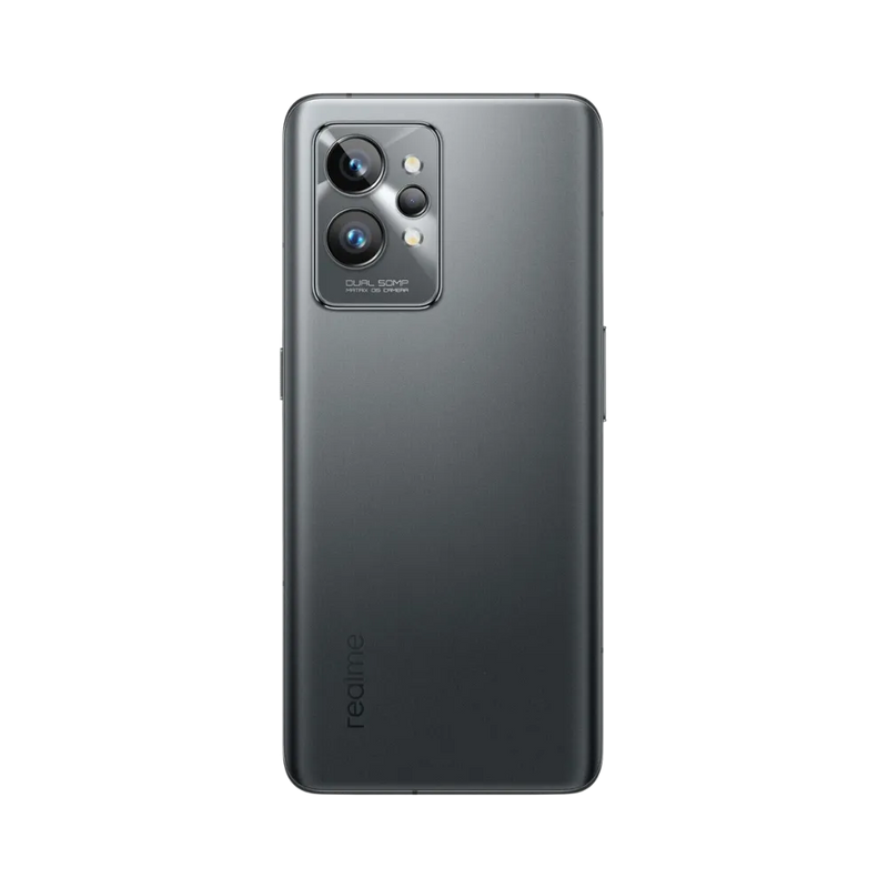 Réparation Realme GT 2 Pro iTelier Lyon – smartphone montré de dos en position verticale, coloris noir mat avec triple capteur photo rectangulaire, optimisé pour réparation vitre arrière, caméra et batterie.