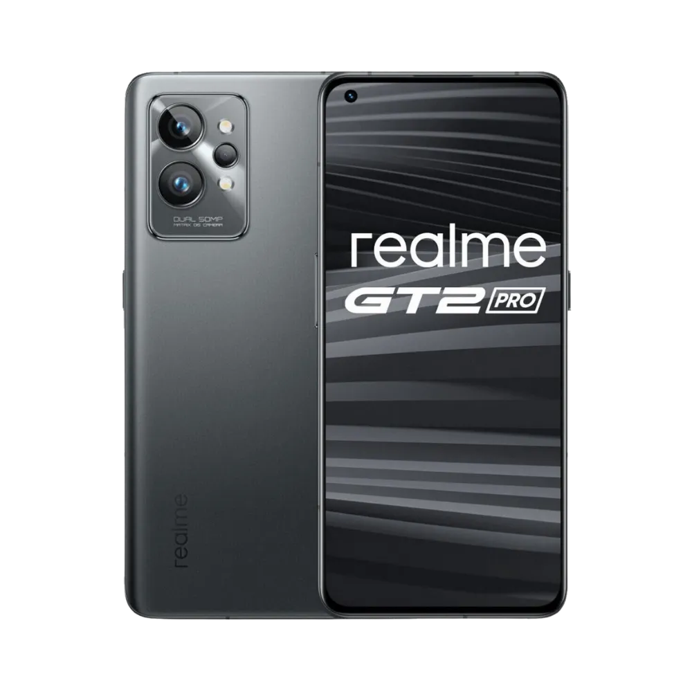 Réparation Realme GT 2 Pro iTelier Lyon – smartphone affiché avec écran avant allumé en position verticale et dos noir mat visible à gauche, optimisé pour remplacement écran, batterie et diagnostic gratuit en boutique.