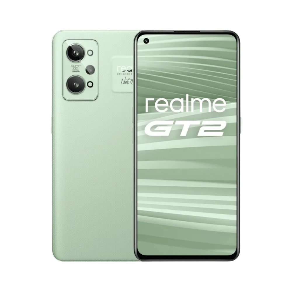 Réparation Realme GT 2 iTelier Lyon – smartphone affiché avec écran avant allumé en position verticale et dos vert clair visible à gauche, optimisé pour remplacement écran, batterie et diagnostic gratuit en boutique.