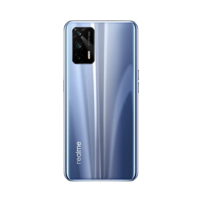 Réparation Realme GT 5G iTelier Lyon – smartphone montré de dos en position verticale, coloris argenté à reflets avec triple capteur photo rectangulaire, optimisé pour réparation vitre arrière, caméra et batterie.