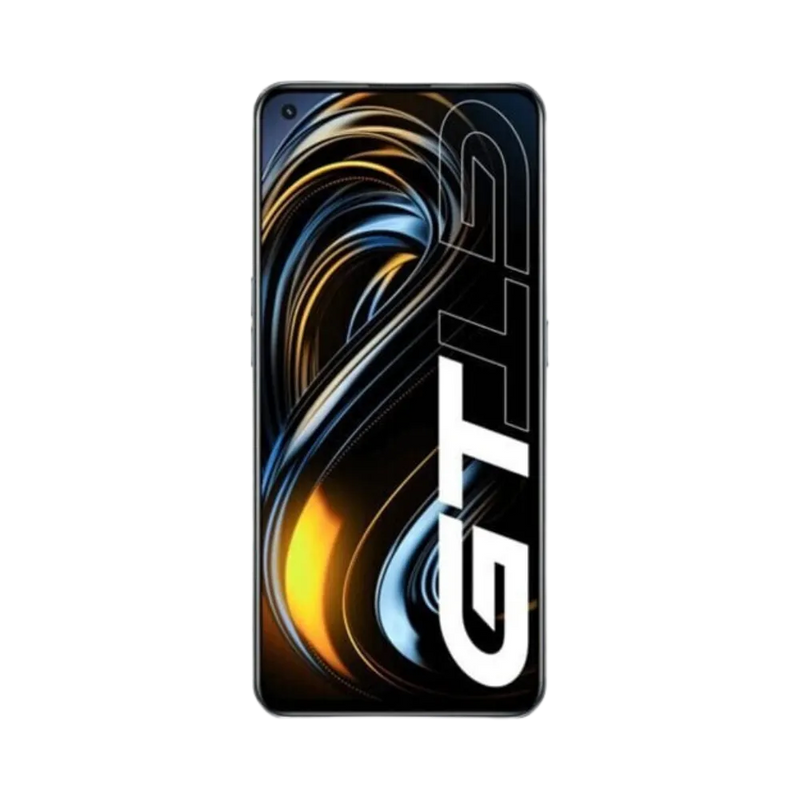Réparation Realme GT 5G iTelier Lyon – téléphone présenté de face en position verticale, écran allumé avec fond noir et logo Realme GT 5G, idéal pour réparation écran, changement batterie et diagnostic offert.