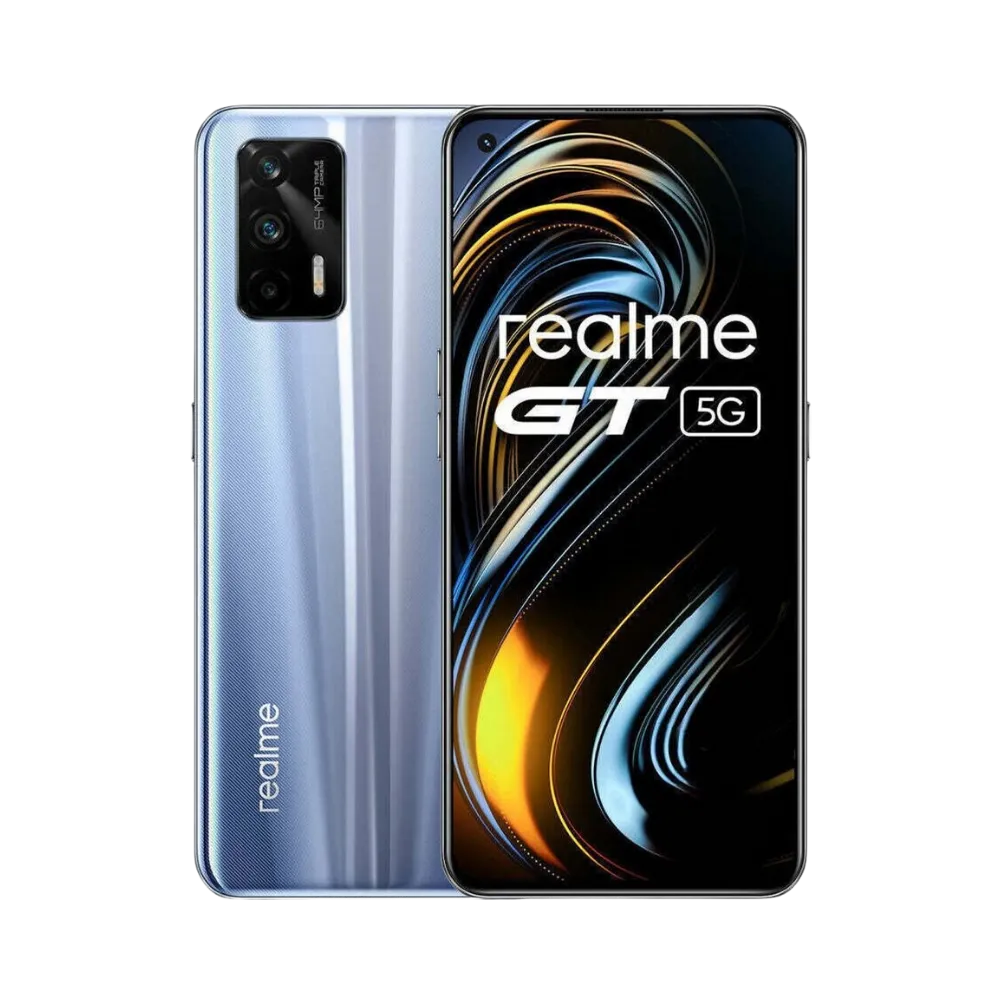 Réparation Realme GT 5G iTelier Lyon – smartphone affiché avec écran avant allumé en position verticale et dos argenté à reflets visible à gauche, optimisé pour remplacement écran, batterie et diagnostic gratuit en boutique.