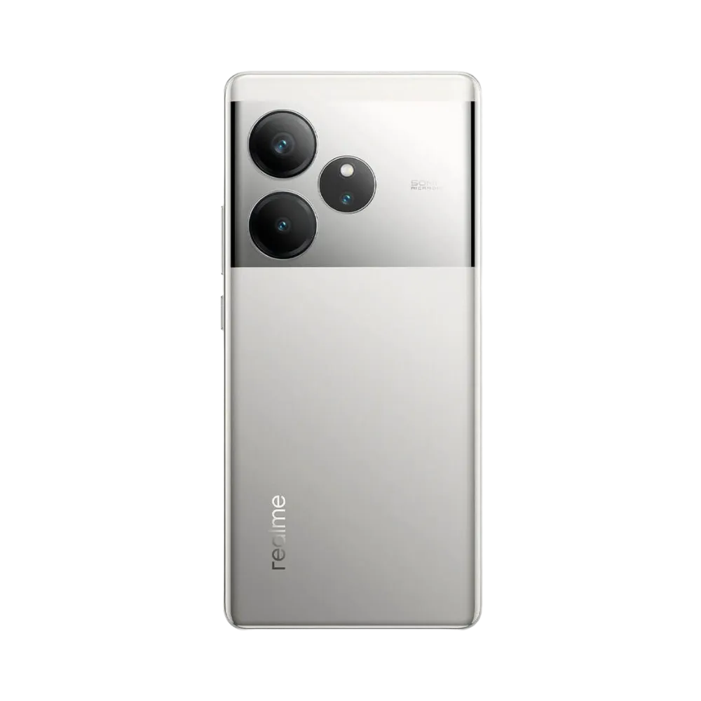 Réparation Realme GT 6 iTelier Lyon – smartphone montré de dos en position verticale, coloris argenté avec triple capteur photo circulaire, optimisé pour réparation vitre arrière, caméra et batterie.