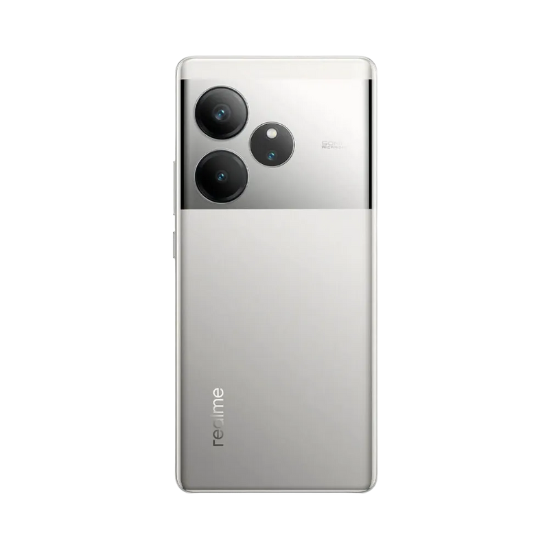 Réparation Realme GT 6 iTelier Lyon – smartphone montré de dos en position verticale, coloris argenté avec triple capteur photo circulaire, optimisé pour réparation vitre arrière, caméra et batterie.