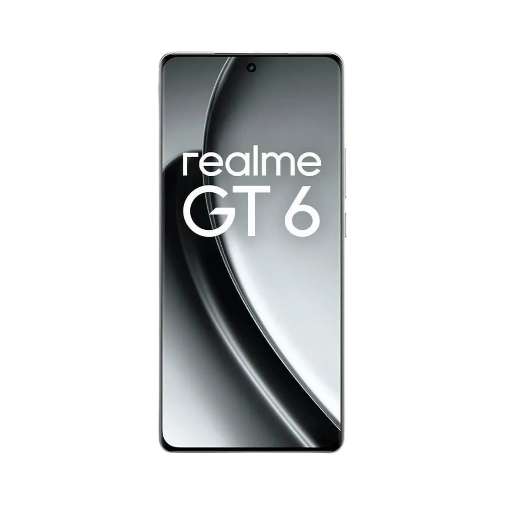 Réparation Realme GT 6 iTelier Lyon – téléphone présenté de face en position verticale, écran allumé avec fond noir et logo Realme GT 6, idéal pour réparation écran, diagnostic offert et changement batterie rapide.