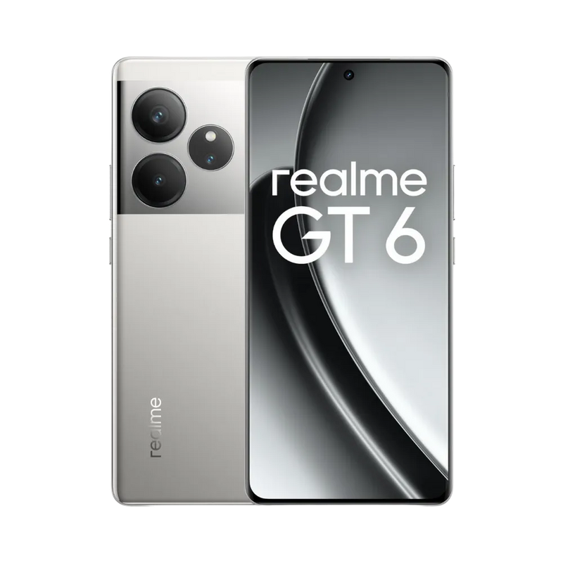 Réparation Realme GT 6 iTelier Lyon – smartphone affiché avec écran avant allumé en position verticale et dos argenté élégant visible à gauche, optimisé pour remplacement écran, batterie et diagnostic gratuit en boutique.