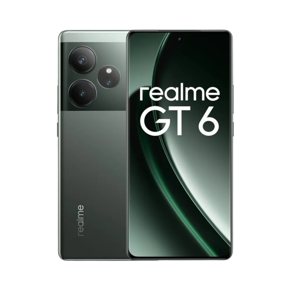 Réparation Realme GT 6T iTelier Lyon – smartphone affiché avec écran avant allumé en position verticale et dos vert foncé élégant visible à gauche, optimisé pour remplacement écran, batterie et diagnostic gratuit en boutique.