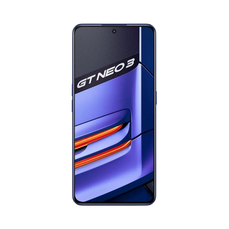 Réparation Realme GT Neo 3 iTelier Lyon – téléphone présenté de face en position verticale, écran allumé avec fond sombre et logo GT Neo 3, idéal pour réparation écran, diagnostic offert et changement batterie rapide.