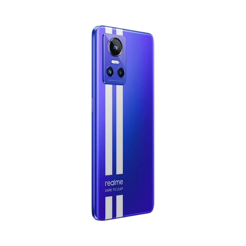 Réparation Realme GT Neo 3 iTelier Lyon – smartphone affiché en légère inclinaison, vue de trois quarts mettant en avant le dos bleu à bandes blanches et le module photo, idéal pour réparation vitre arrière et diagnostic complet.