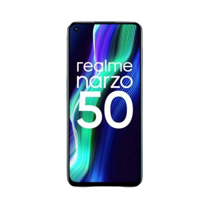 Réparation Realme Narzo 50 4G iTelier Lyon – téléphone de face en position verticale, écran avec fond vert et bleu marqué Narzo 50, idéal pour mise en avant des services de remplacement écran et diagnostic offert.